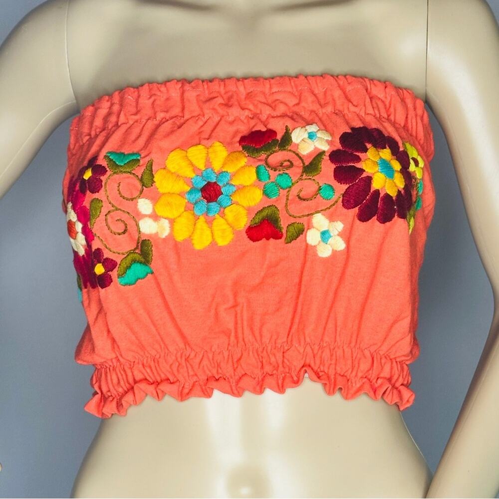New Coral Floral Embroidered Mexican Tube Top – Strapless XS/Small